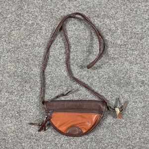 Retro ‘Land’ Two Tone Brown Leather Mini Zip Pouch Bag Crossbody Shoulder Purse